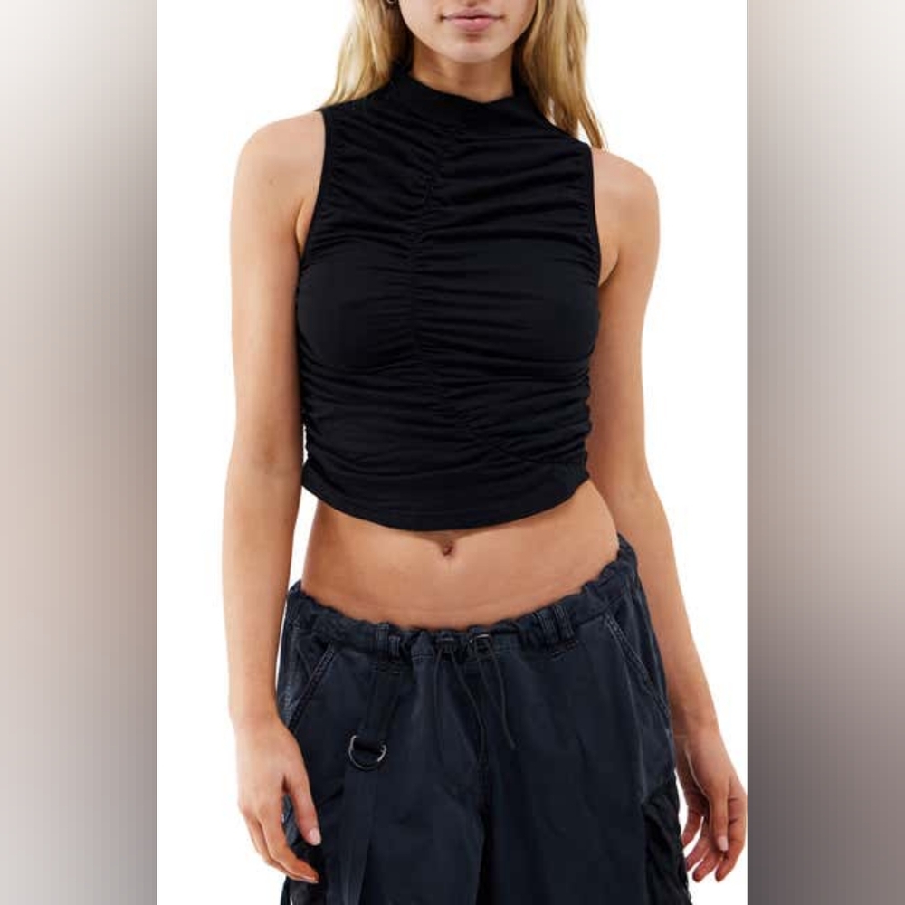 BDG Urban Outfitters Ruched Washed Cotton Crop Top, Medium, BLACK